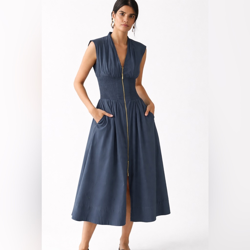 Sleeveless Navy Midi Dress with Front Zip
